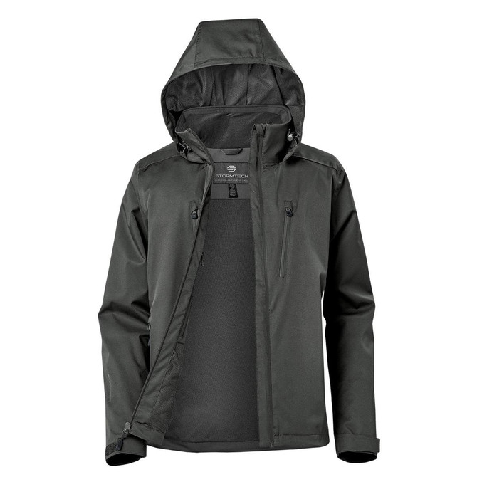 A women's lightweight rain jacket in dark green with a hood, featuring a logo and zippered front pockets.