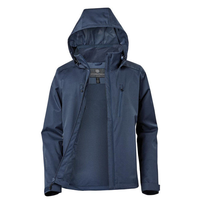 A lightweight women's rain jacket in navy blue with a hood, featuring a zippered front and logo.