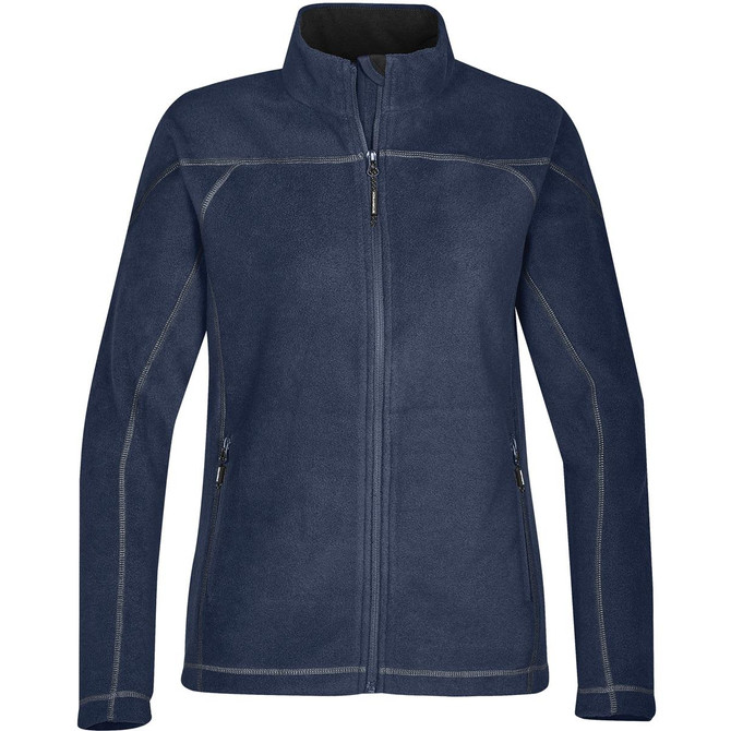 A navy polar fleece jacket with a zip closure, featuring side pockets and contrast stitching, plus a logo.