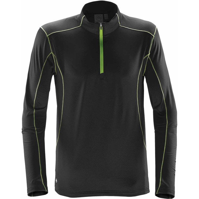 A black fleece pullover with a quarter zip and green accent stitching, featuring a small logo.