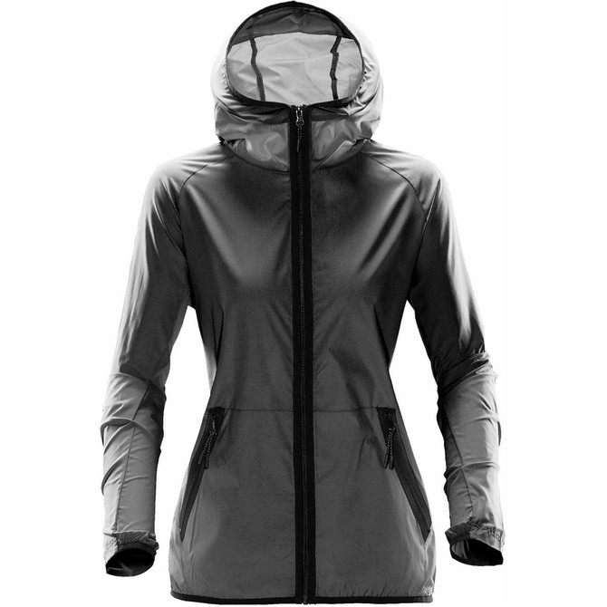 A women's hooded shell jacket in grey, featuring a zippered front and side pockets. It has a logo on it.