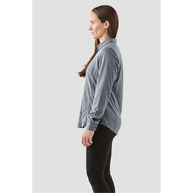 A women's long sleeve button-up shirt in grey, featuring a side view with a pocket and a collar.
