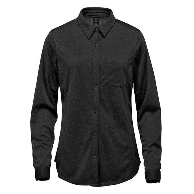 A black women's long sleeve button-up shirt features a collar and a chest pocket. It has a logo on the label.