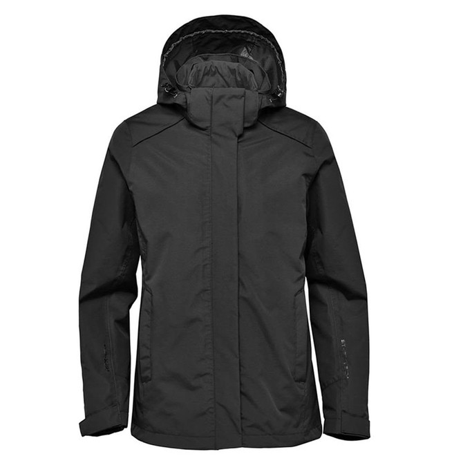 A black women's jacket featuring a hood and a sleek design, with a logo on the material.