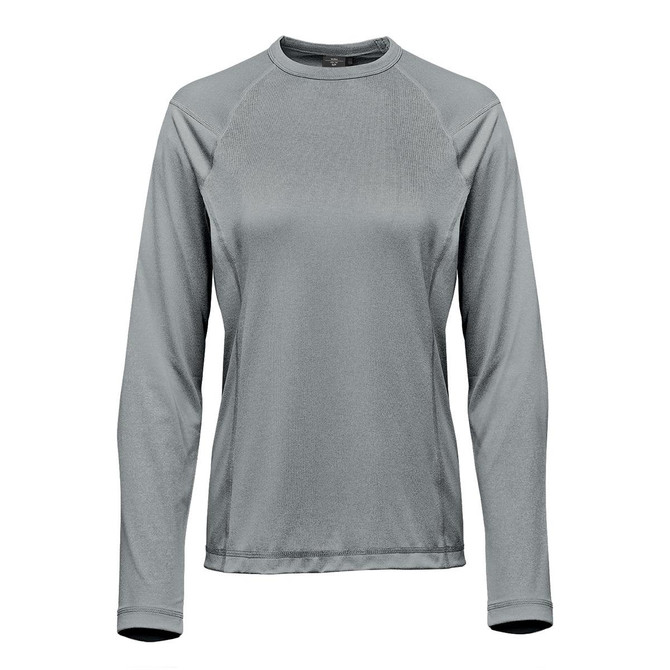 A long-sleeve women's T-shirt in a soft grey colour, featuring a round neckline and subtle branding.
