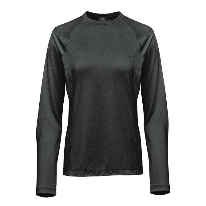 A dark green women's long-sleeve tee with a fitted design and a logo.