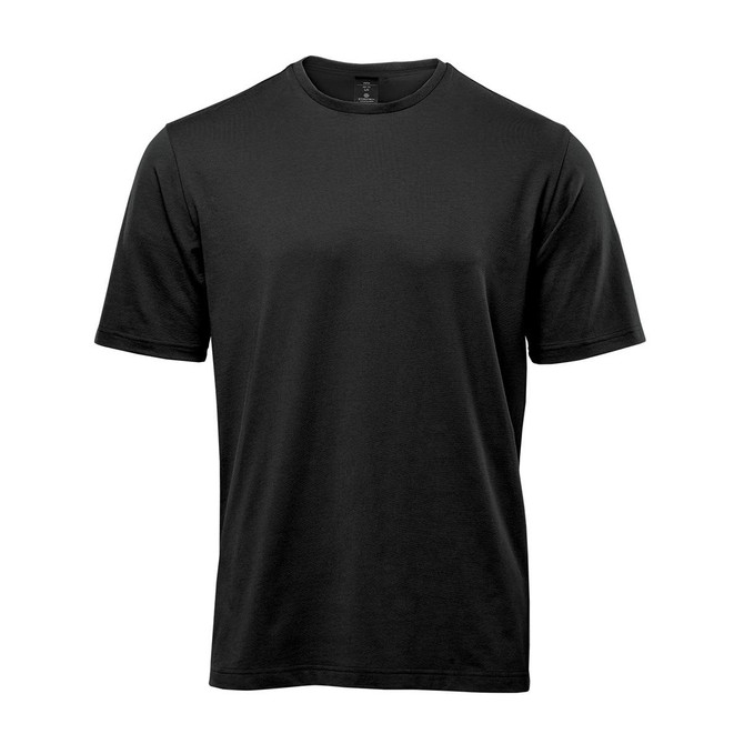A black men's t-shirt with short sleeves and a simple design, featuring a logo on the front.