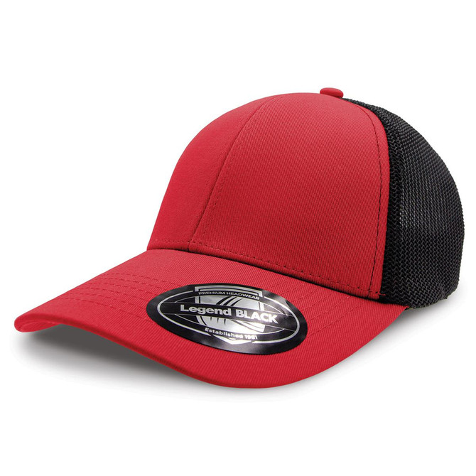 A red cap with a black mesh back and a branded logo on the front.