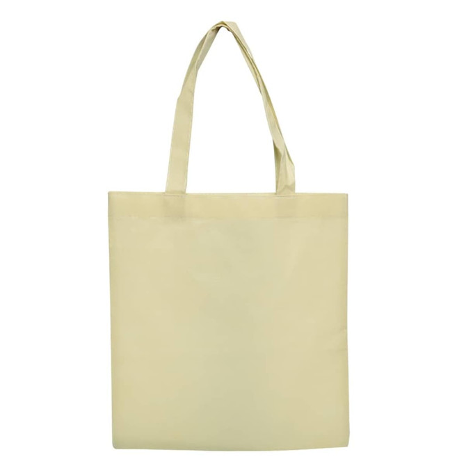 A beige shopping tote bag with two handles and a blank surface, featuring a branding logo.