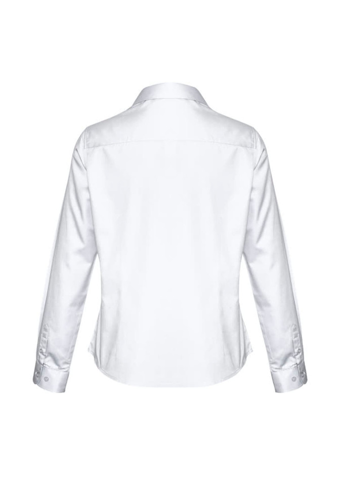 A white long sleeve shirt with a collar and buttoned cuffs, featuring a back view and a logo.