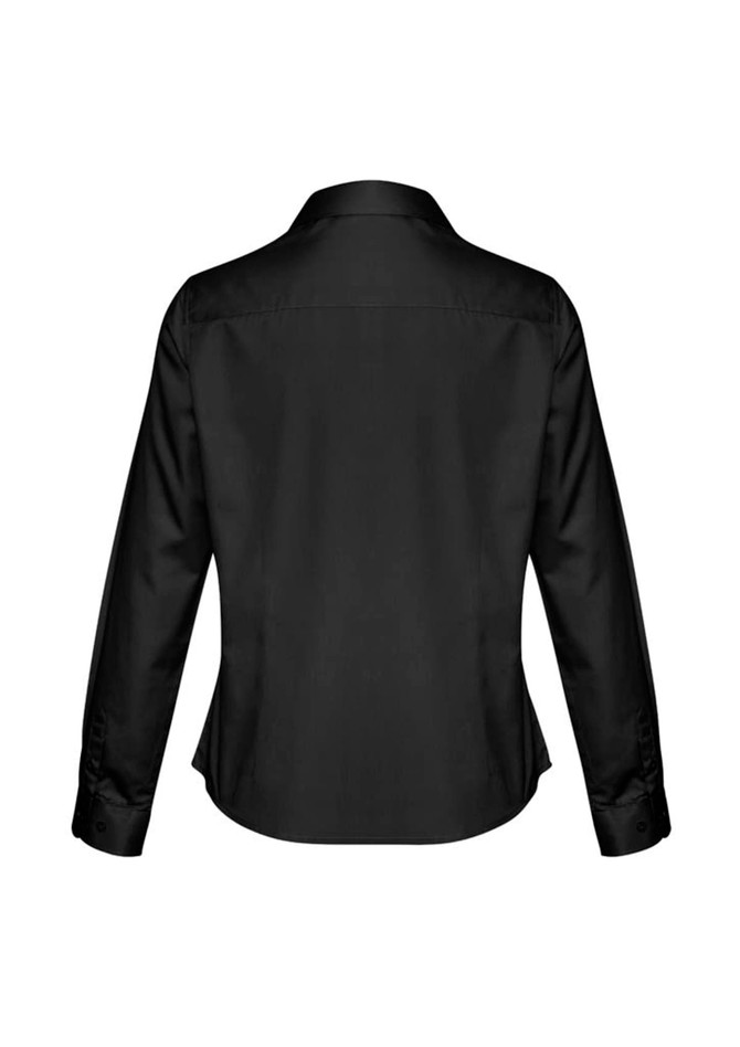 A black long sleeve shirt with a tailored fit and an open collar, featuring a logo on the back.