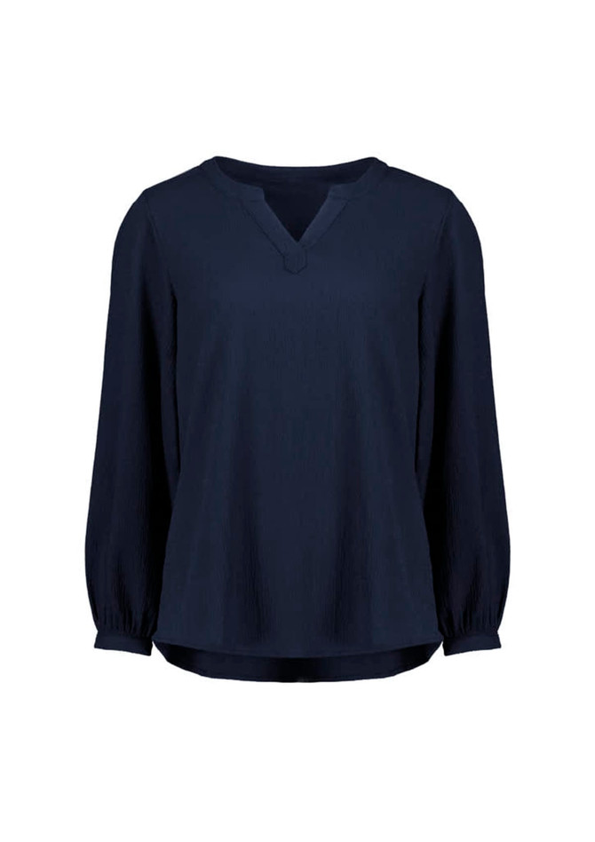 A women's long sleeve blouse in navy blue with a relaxed fit and ruché detailing at the sleeves.