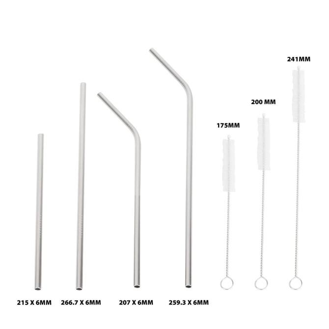 A stainless steel straw set featuring straight and bent straws in various sizes, with cleaning brushes included.
