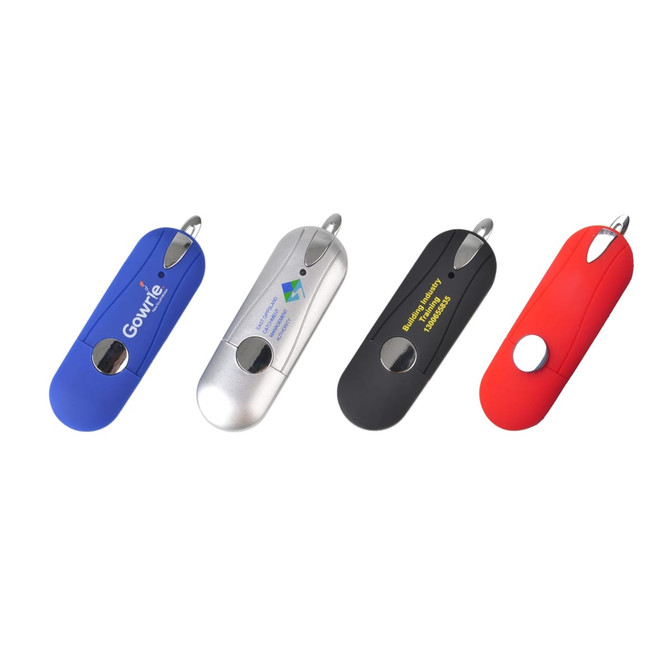 A collection of four flash drives in blue, silver, black, and red, featuring branding on each drive.