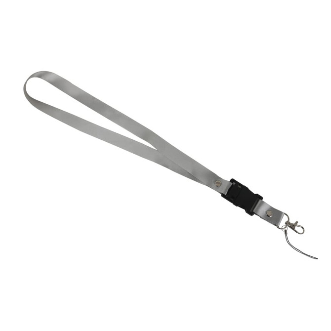 A silver lanyard with a buckle and a clip attachment for carrying items like flash drives.