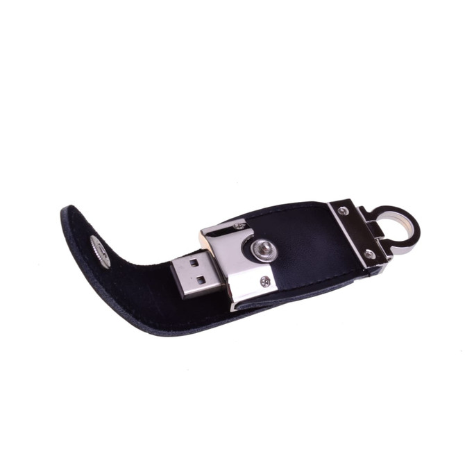 A black Susono Flash Drive with a metallic finish and attached keyring. It features a protective casing.