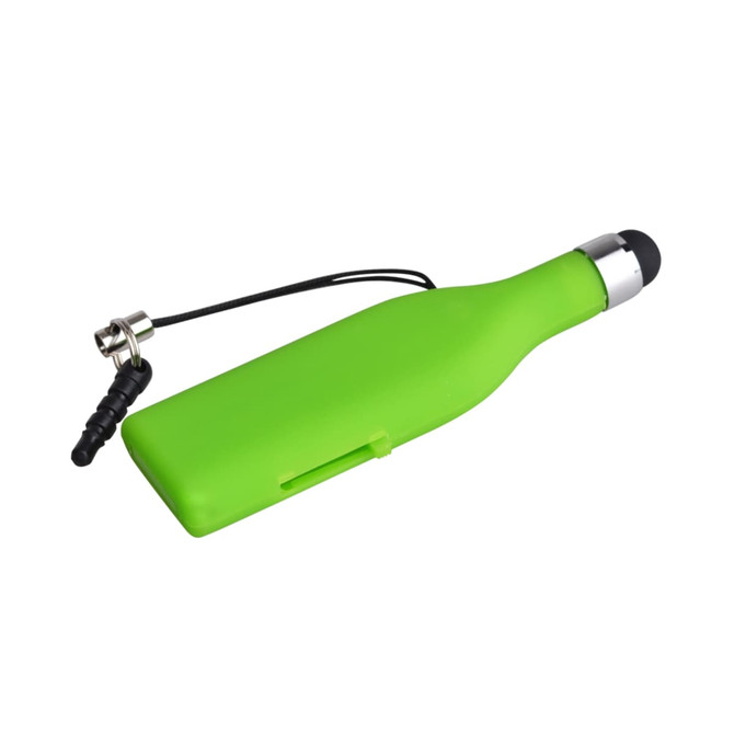 A green stylus flash drive shaped like a drink bottle, featuring a headphone jack and a metallic accent.