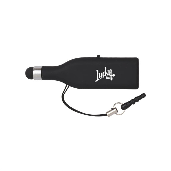 A black stylus flash drive shaped like a drink bottle, featuring a logo and attached lanyard.