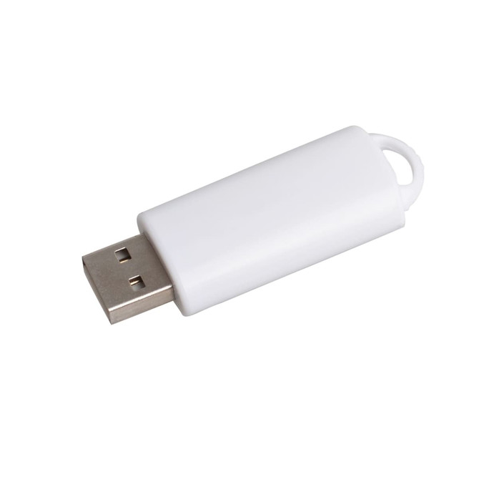 A white flash drive with a metallic USB connector and a loop for attachment, featuring a logo.