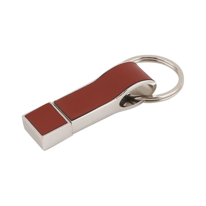 A red and silver flash drive with a keyring attachment. It has a sleek, modern design and a shiny finish.