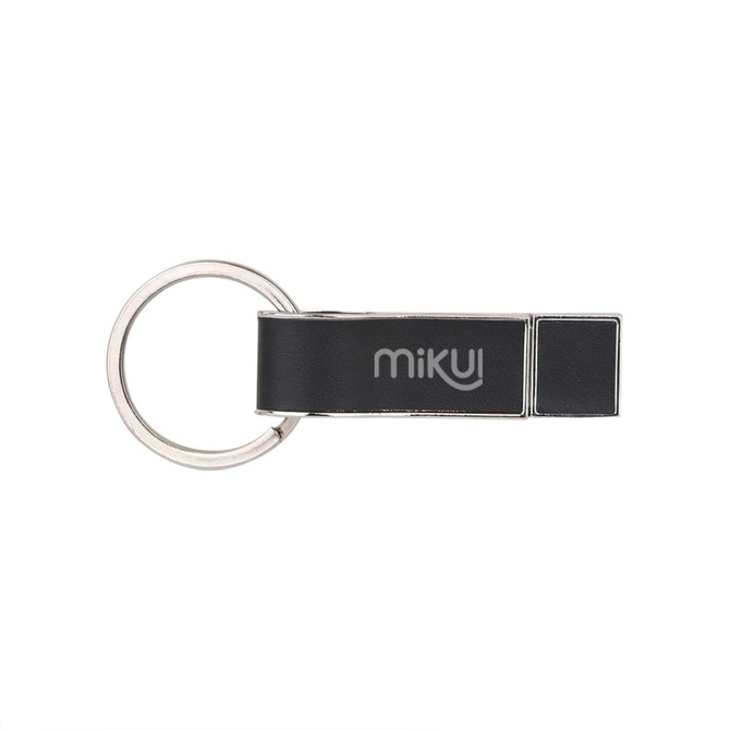 A black flash drive with a silver keyring and a logo, featuring a sleek, rectangular design.
