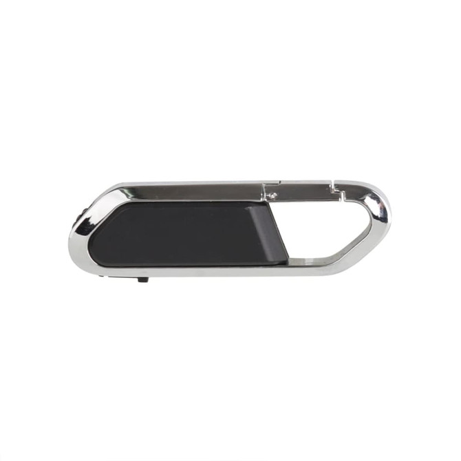 A Mini Carabiner Flash Drive in silver and black, featuring a sleek design with a logo.