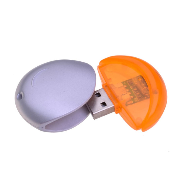 A silver flash drive with an orange cap, featuring a logo and a USB connector exposed.