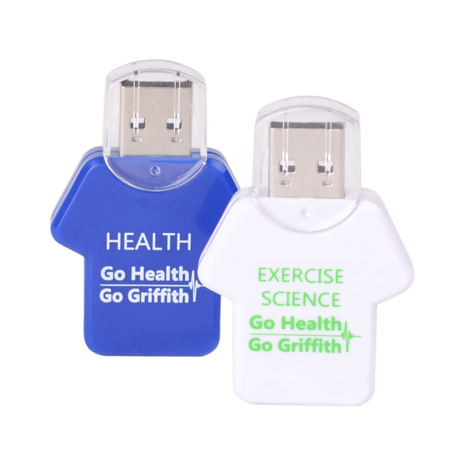 A blue and white flash drive shaped like a T-shirt, featuring a logo and text related to health and exercise science.