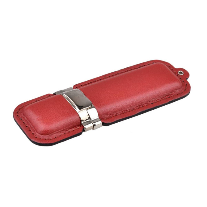 A red flash drive with a leather casing and a silver clasp, featuring a logo.