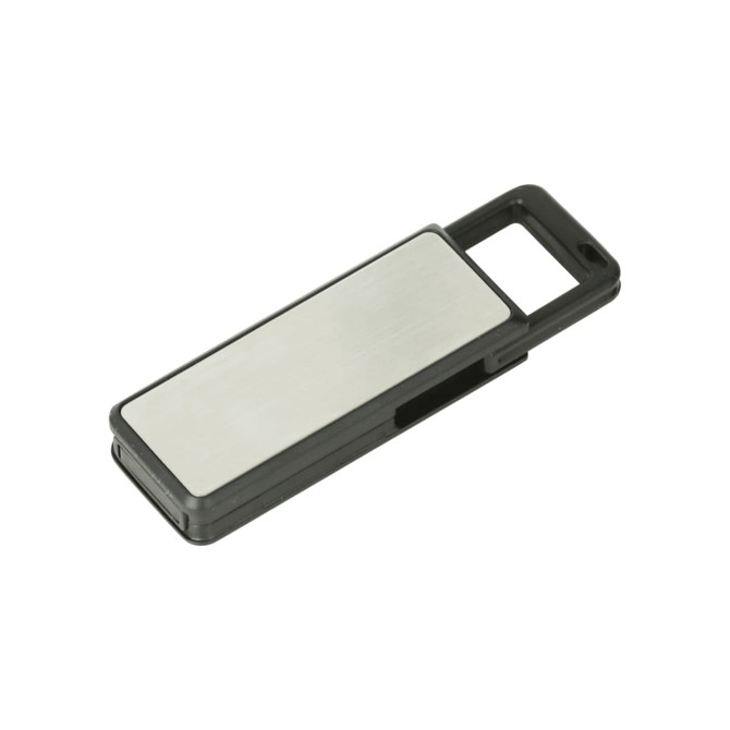 A sleek black and silver click action flash drive with a metal finish and a loop for attachment.