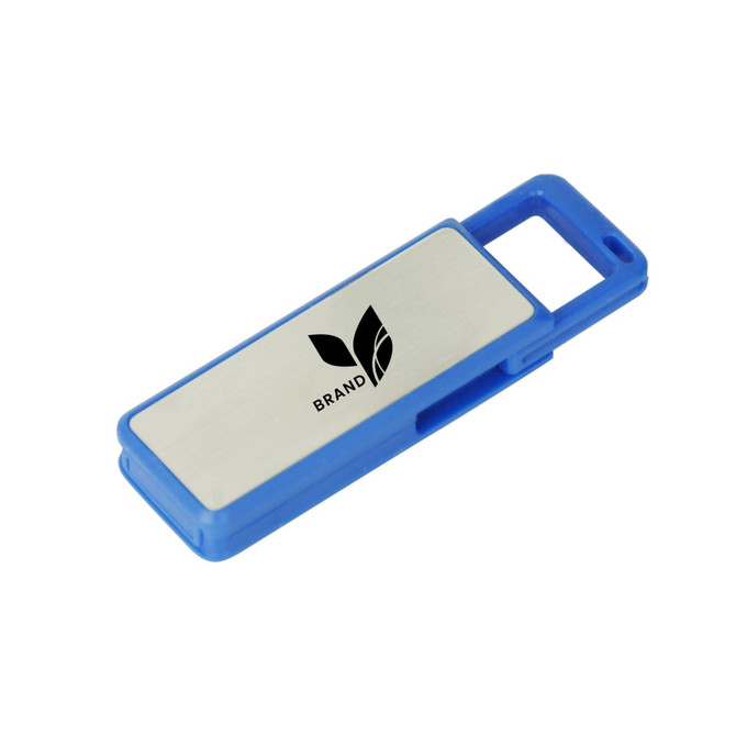 A blue flash drive with a silver panel and a logo, featuring a click action mechanism.