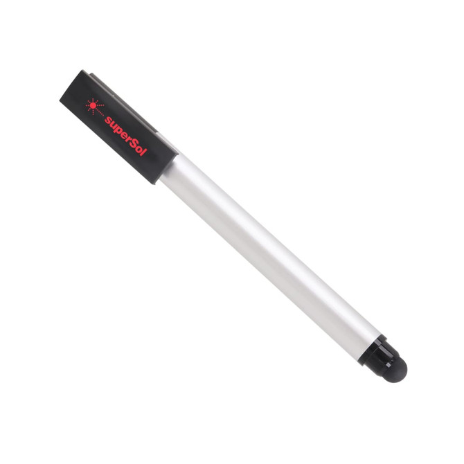 A silver stylus USB pen with a black cap and a branding logo on the top.