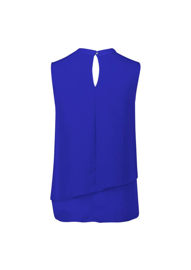 A sleeveless layered blouse in a vibrant blue colour, featuring a keyhole back and a flowing design.