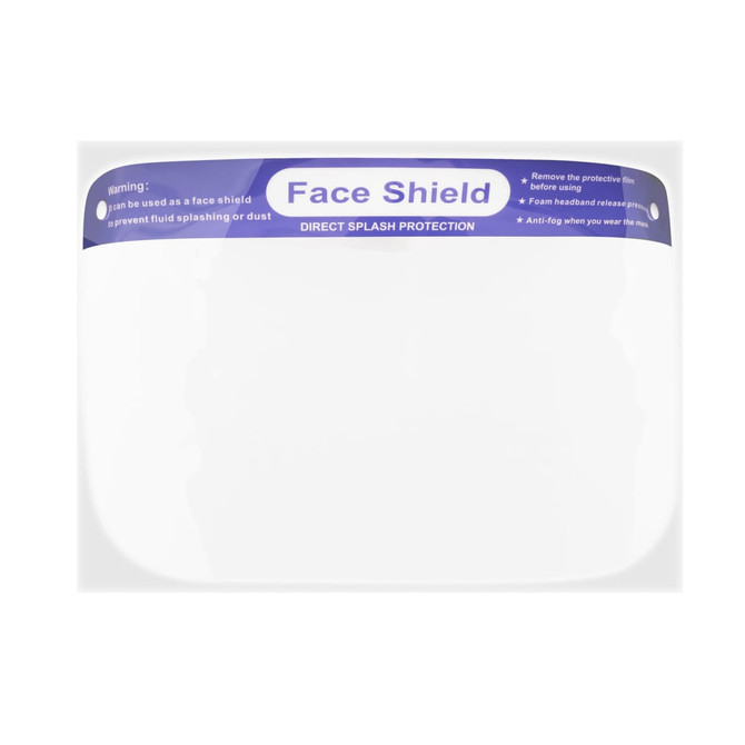 A clear protective face shield with a blue branding band at the top, designed for splash protection.