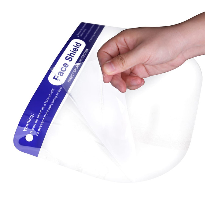 A person holds a clear protective face shield with a blue header, featuring a logo.
