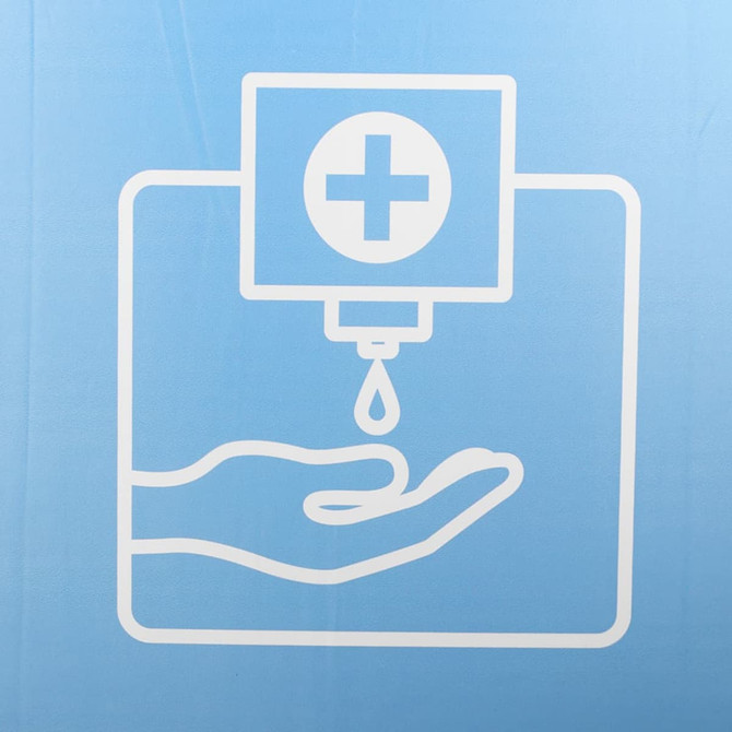 A graphic of a hand under a dispenser, with a droplet falling from a medical cross symbol. Predominantly blue background.