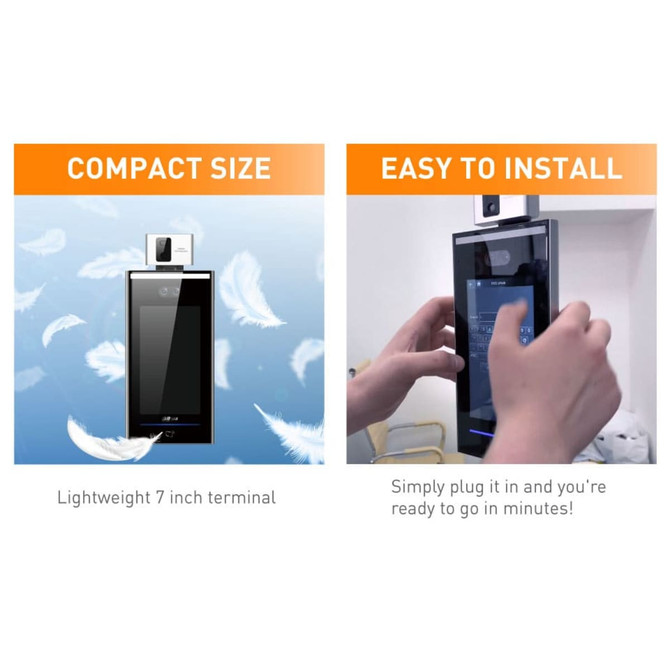 A temperature screening kiosk with a sleek black design and a touchscreen, mounted on a floor stand.