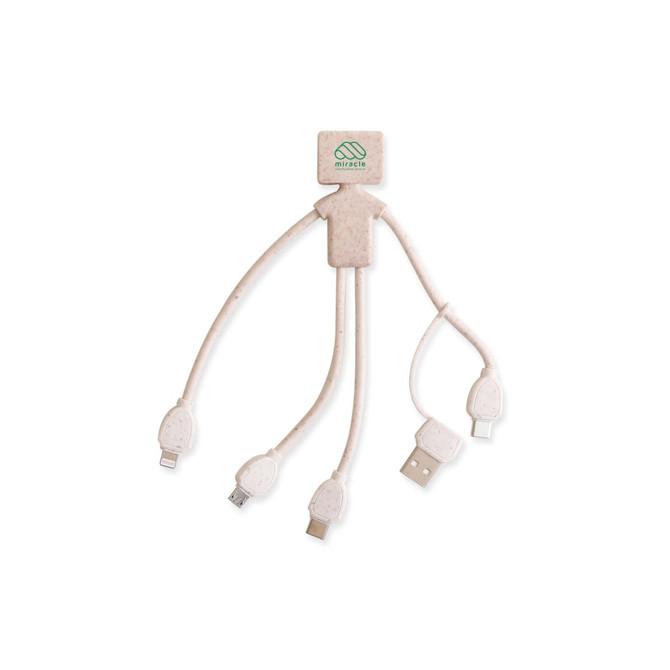 A wheat straw charging cable shaped like a man, featuring multiple connectors in a light beige colour. It has a logo.