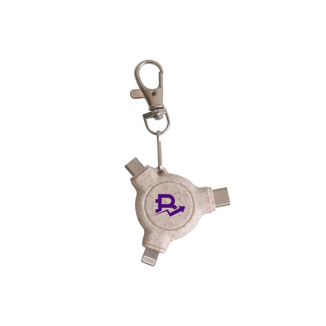 A wheat straw data blocker in white, featuring a keyring and multiple charging connectors. Includes a logo.