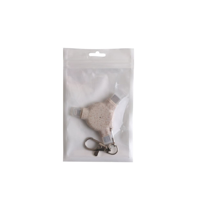 A wheat straw 3-in-1 data blocker with a keyring, packaged in a clear pouch. The product is light pink in colour.