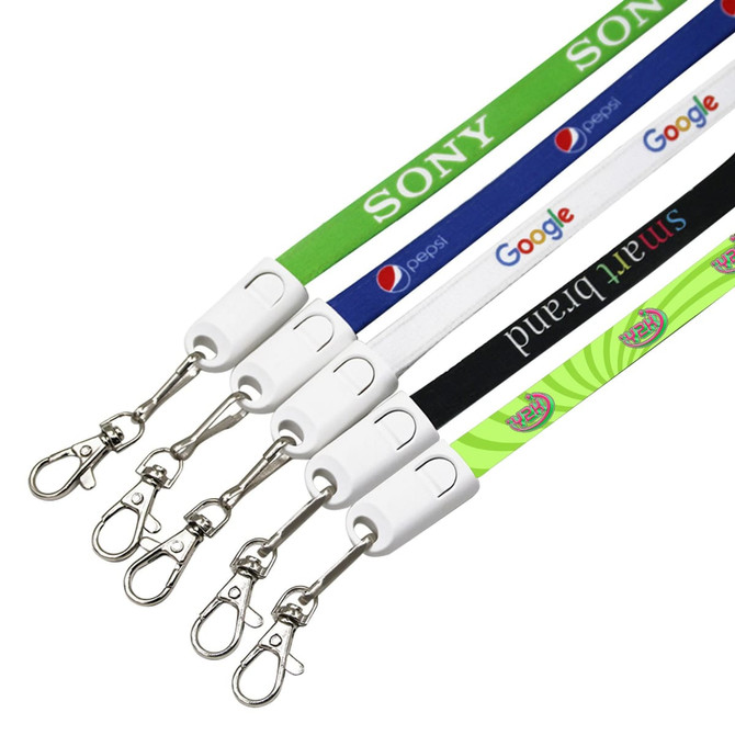 A collection of colourful polyester lanyards with clips, featuring various branding designs.