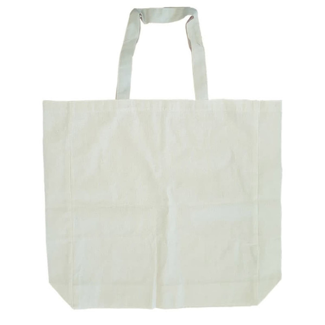A natural beige calico bag with short handles and a gusset, featuring a logo on one side.