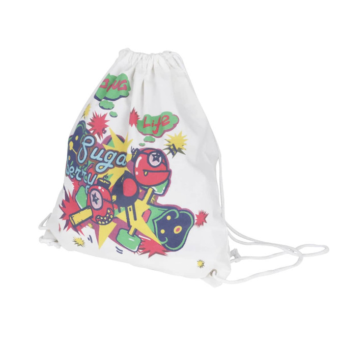 A white drawstring cotton bag featuring colourful graphics and a logo.