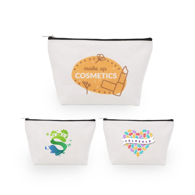 A canvas cosmetic bag in cream featuring three different designs, each with various colours and a logo.