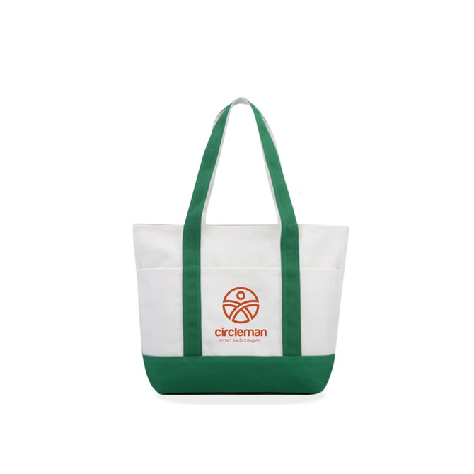 A small canvas tote bag in white and green, featuring a logo on the front and two sturdy handles.
