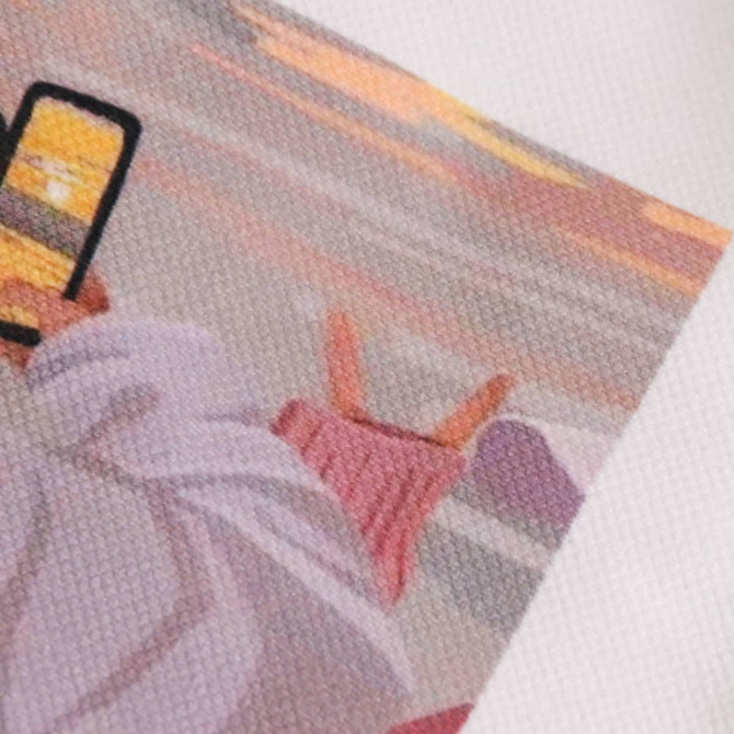 A close-up of a textured fabric featuring a full-colour design, part of a velvet tote bag.