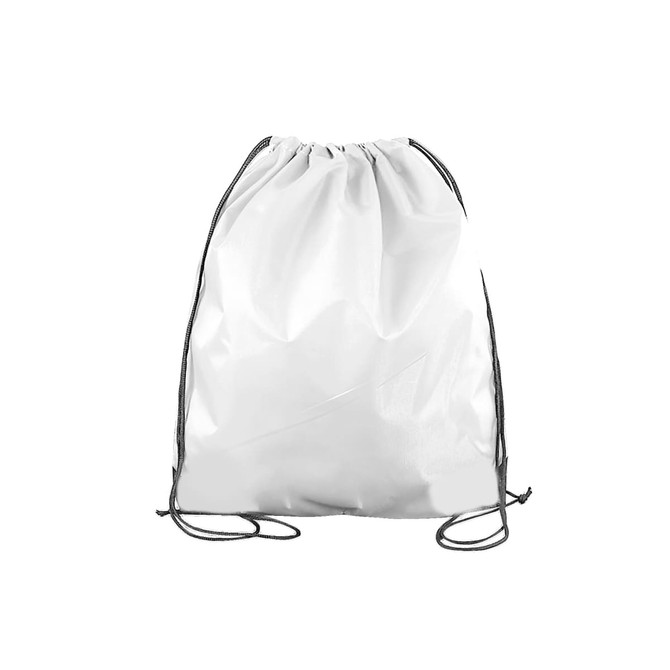 A white polyester drawstring bag featuring black drawstrings and an unbranded design.