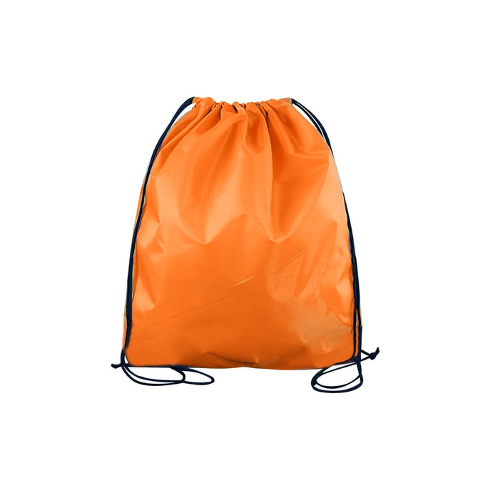 An orange polyester drawstring bag with black cords, featuring a simple design and no visible branding.