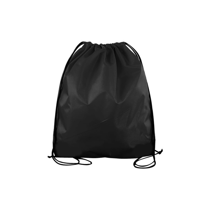 A black polyester drawstring bag with cinch closure and a logo on the front.