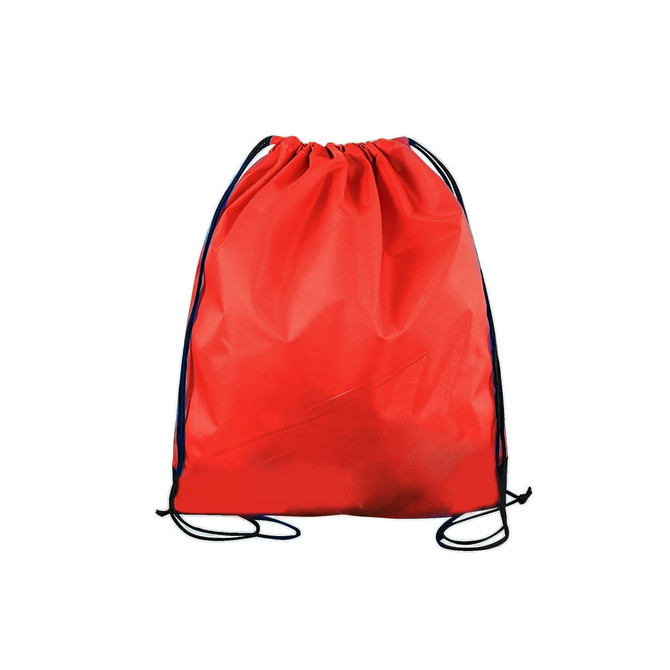 A red polyester drawstring bag with black cords and a simple design, featuring a logo.